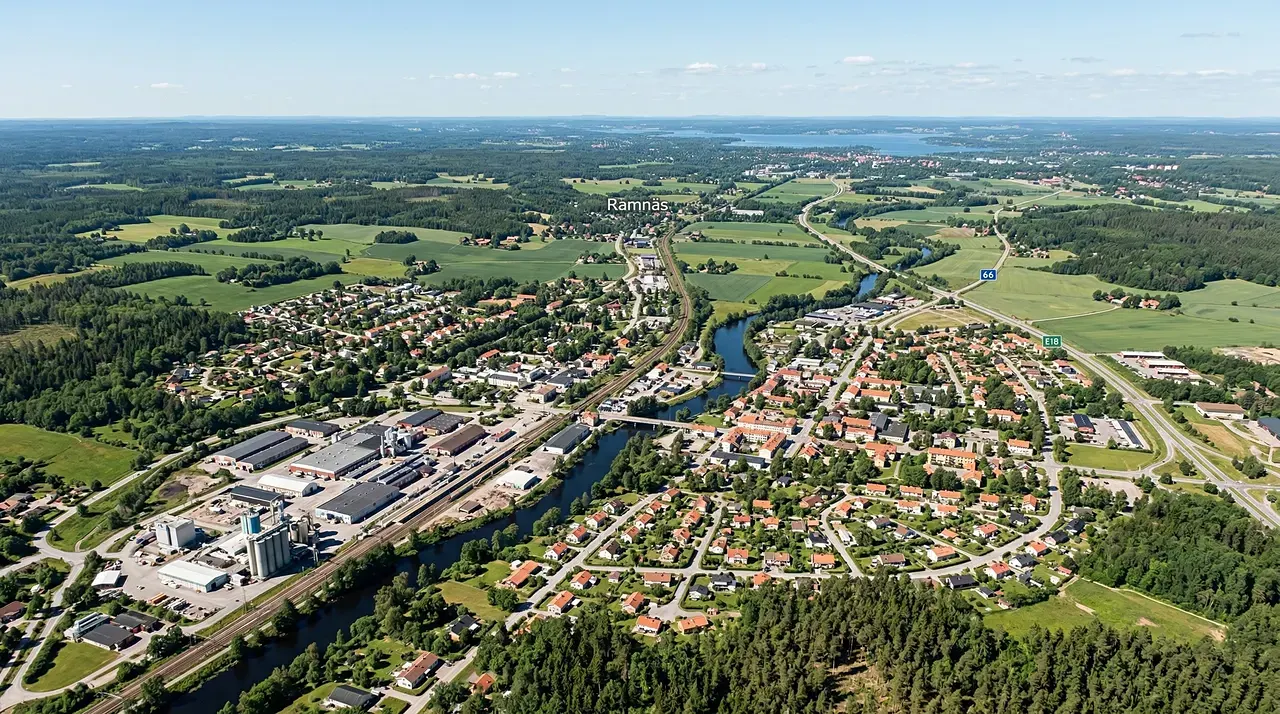 Flygbild över Ramnäs samhälle med flod, bostadsområden och gröna fält.