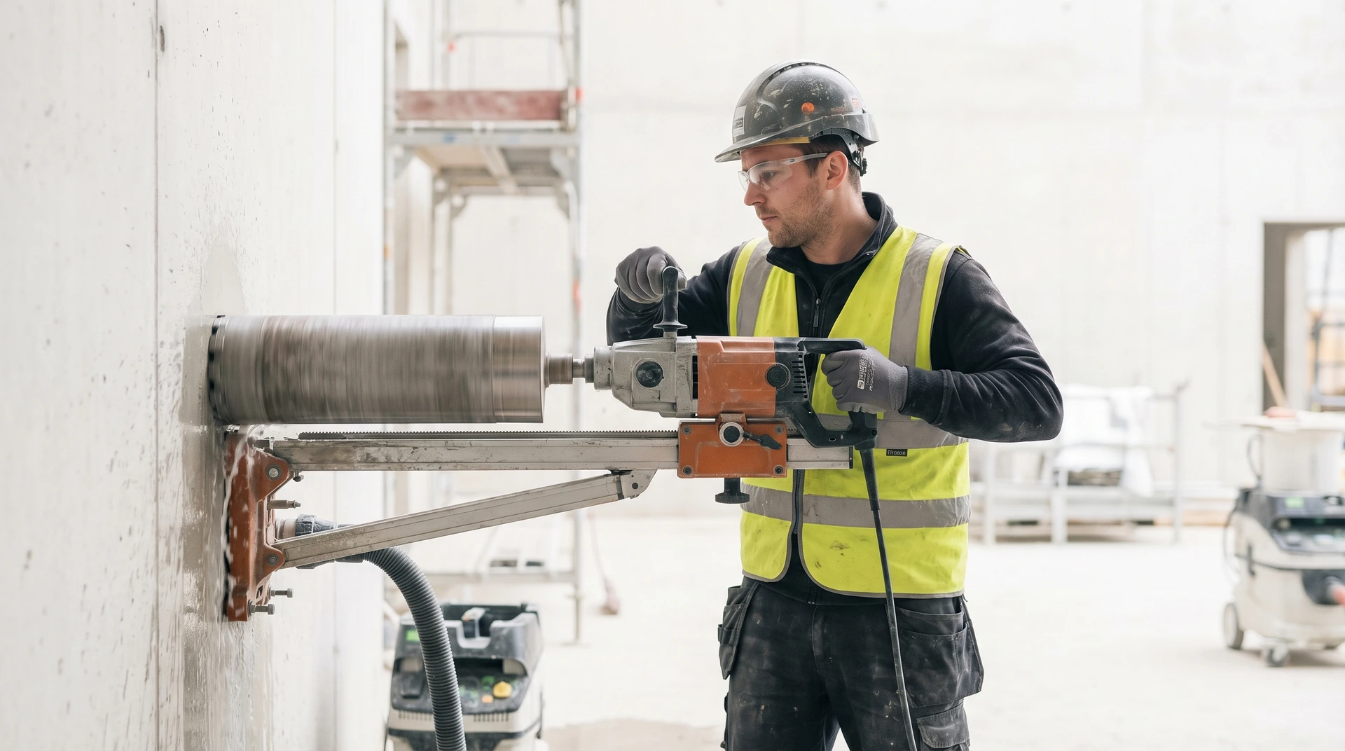 Byggnadsarbetare borrar hål i betongvägg med kärnborrmaskin på byggarbetsplats.