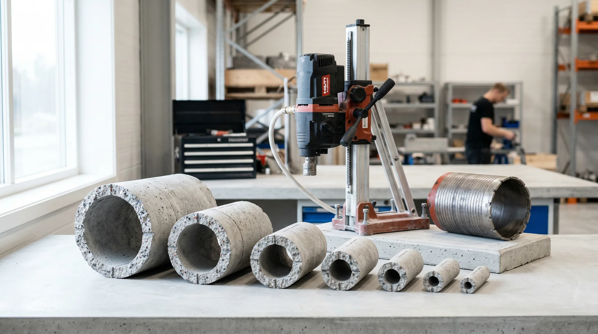 Borrmaskiner och betongprov i olika storlekar i en verkstad.
