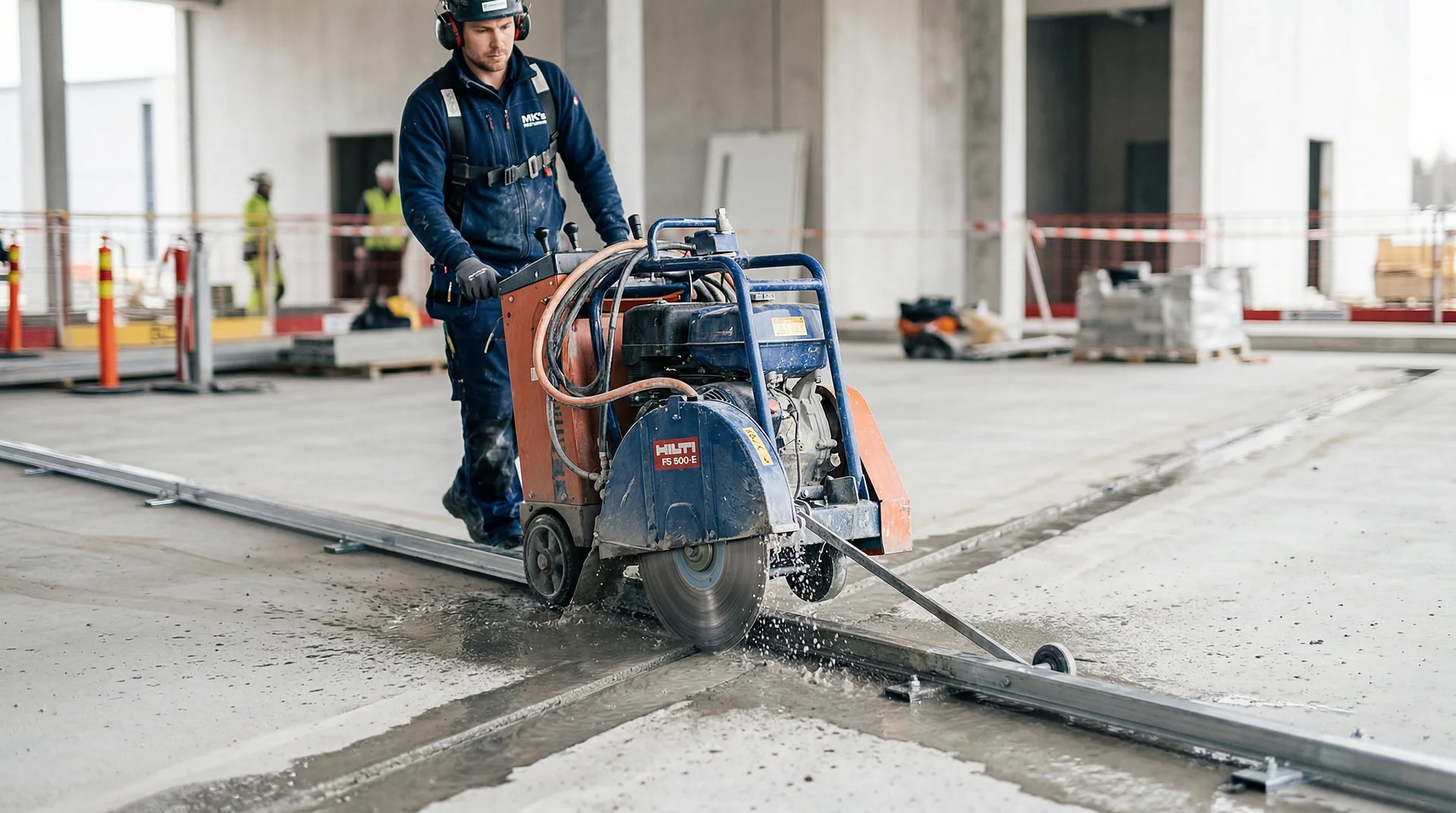 Byggarbetare använder kapmaskin för att såga betong på byggarbetsplats.