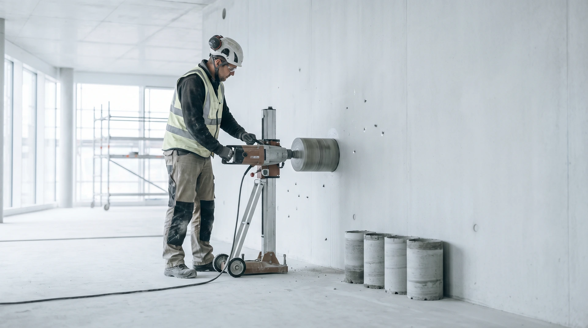 Byggnadsarbetare borrar hål i betongvägg med kärnborrningsmaskin i tomt vitt rum.