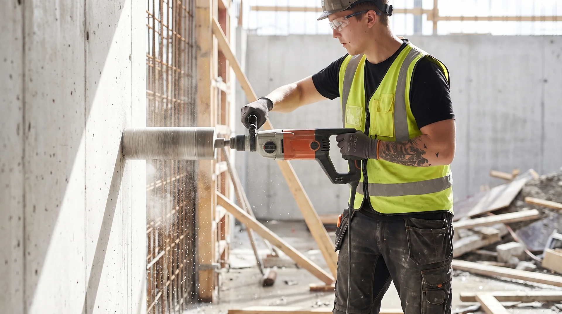 Byggnadsarbetare borrar i betongvägg med bormaskin på byggarbetsplats.