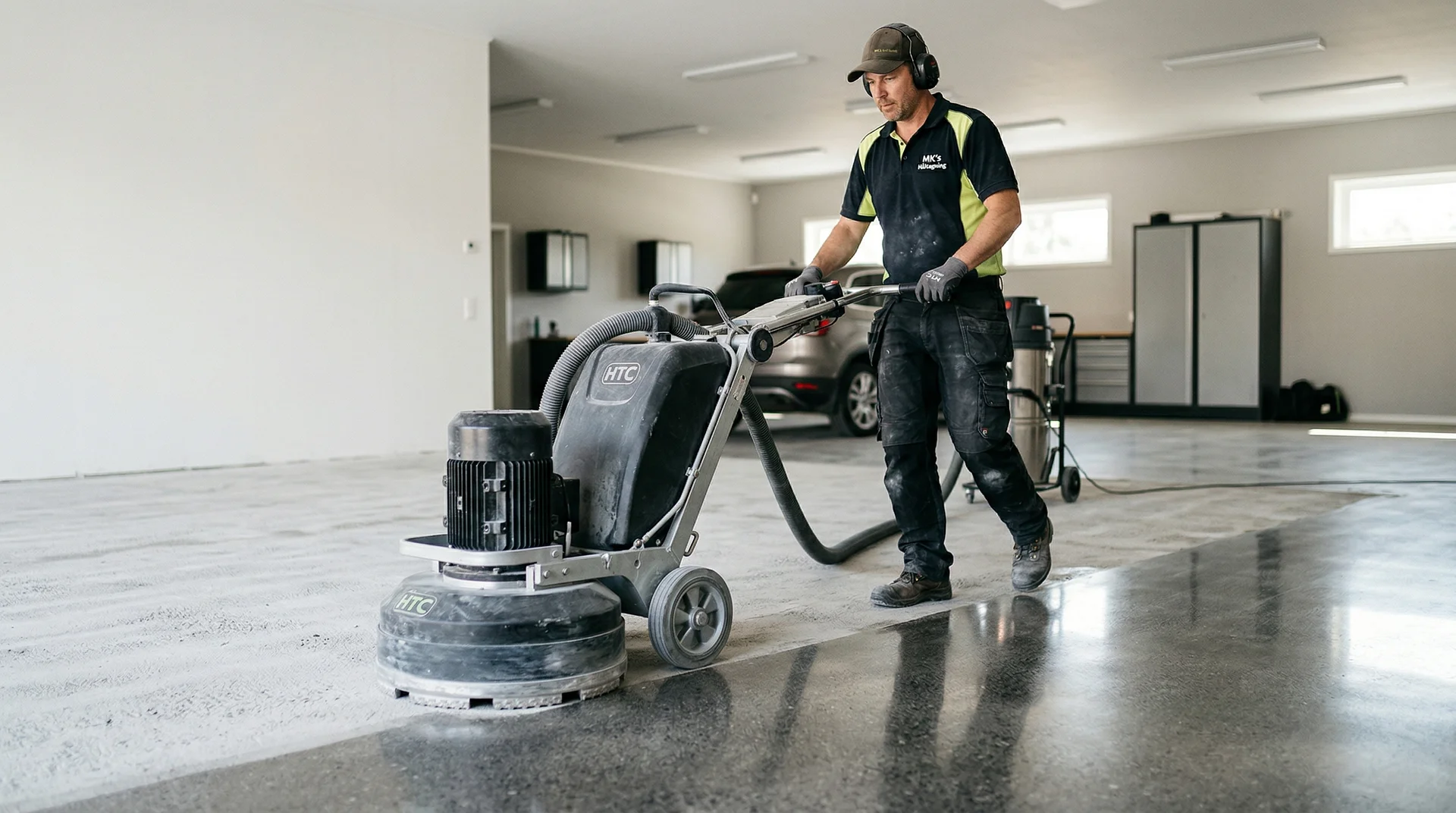 Man polerar betongolv i garage med slipmaskin