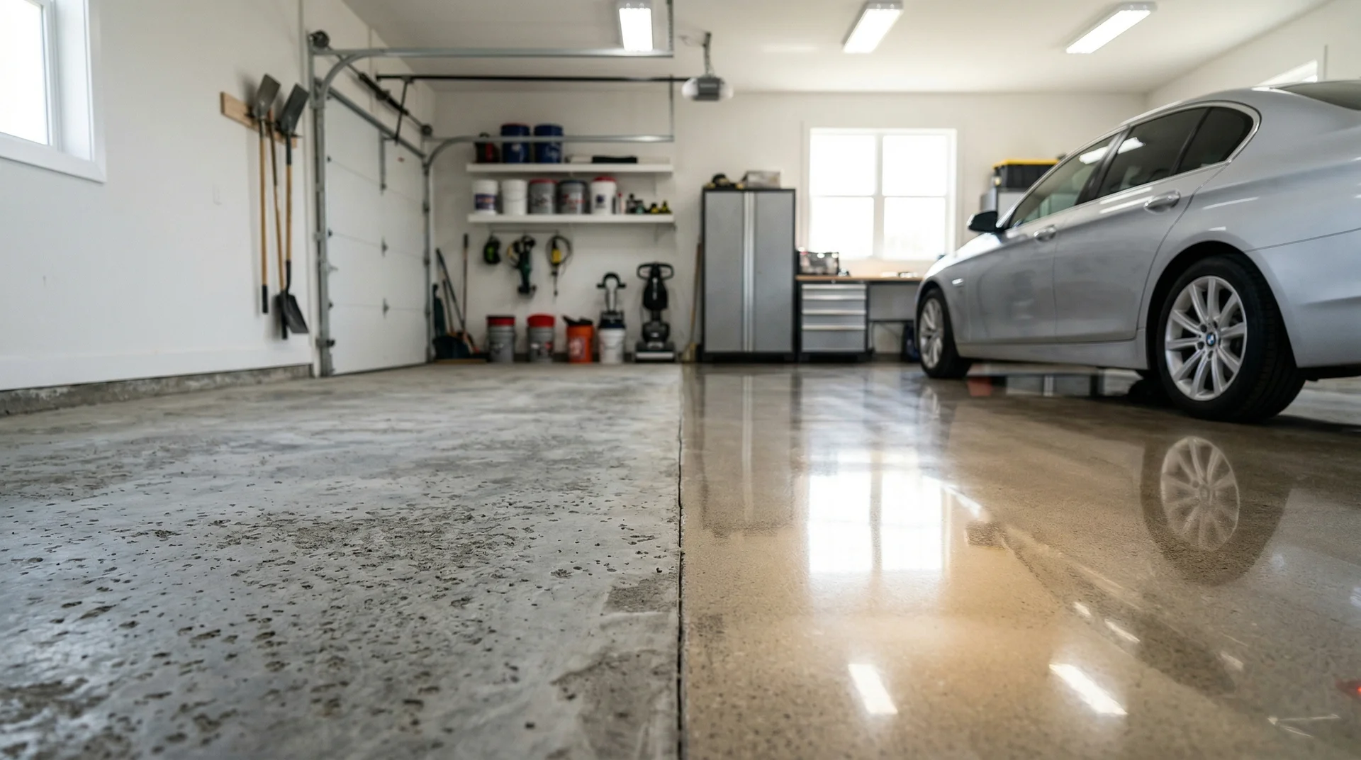 Välorganiserat garage med polerat betonggolv och silverfärgad bil.