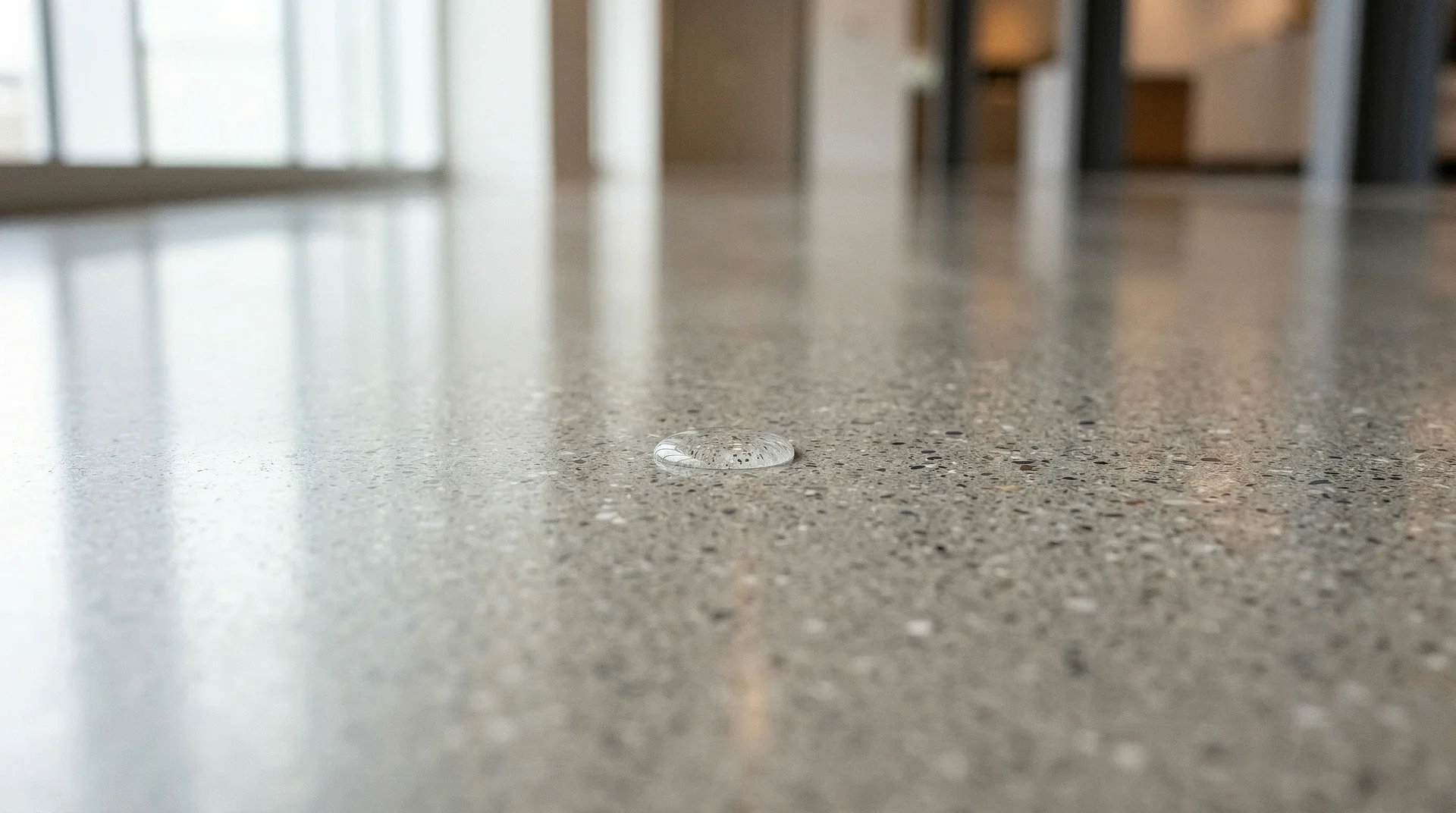 Polerat betonggolv med synlig aggregat och reflekterande yta i modernt rum.