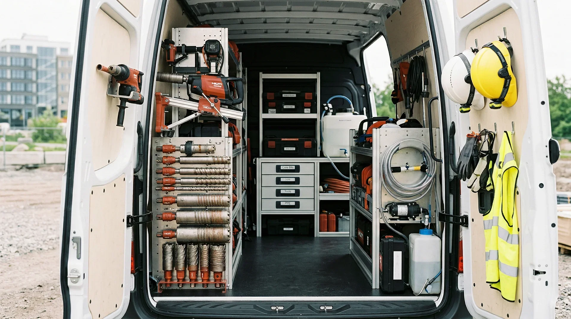 Välorganiserad skåpbil med verktyg, borrmaskiner och förvaringslådor för hantverkare.